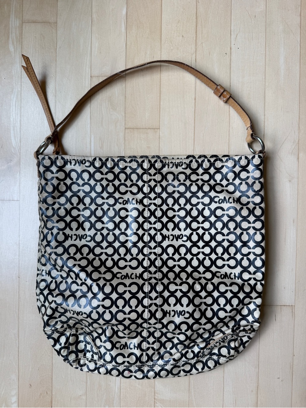 Coach Black and Cream Signature Shoulder Tote with Tan Strap
